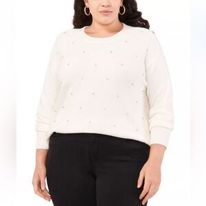 VINCE CAMUTO Plus Size Rhinestone Studded Drop Shoulder Crewneck Sweater Size 2X